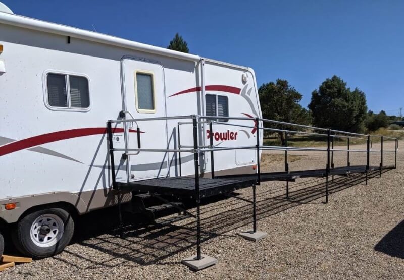 The Amramp Denver, CO team installed this ramp for a travel trailer in Dolores, CO- 6 hours away. The ramp was approved Friday afternoon and installed Sunday morning.