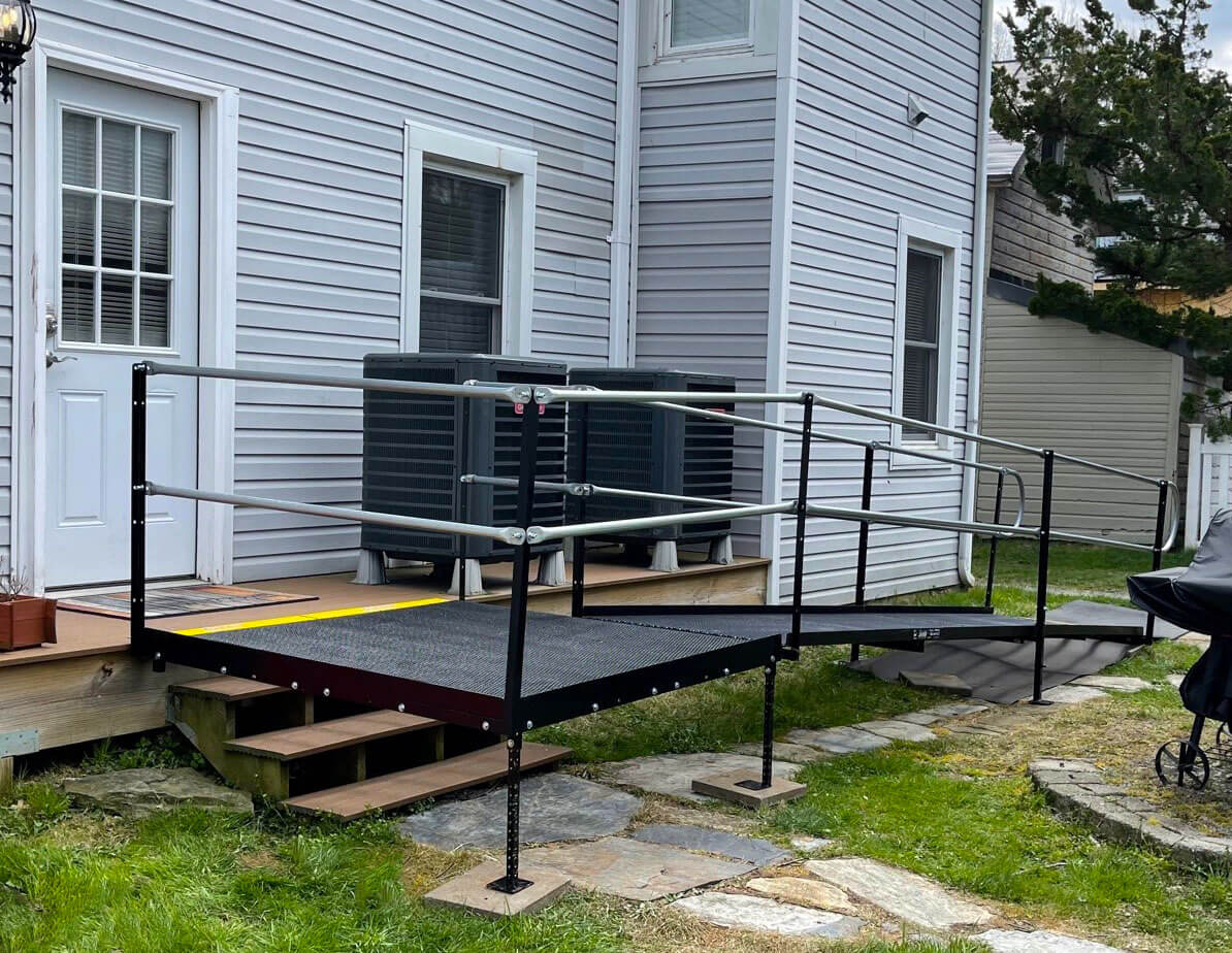 A residential ramp installed by our Maryland team for a customer in Myersville, MD over a set of pre-existing stairs.