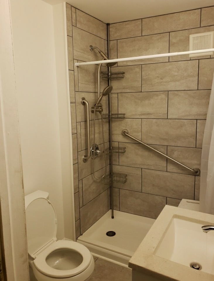 Nick Marcellino and the Amramp Greater Philadelphia team completed this bathroom modification project in Bristol, PA. The renovation included new walls, ceiling, flooring, toilet, vanity/sink, and walk-in shower.